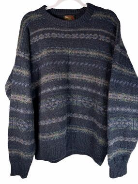 Alps Vintage 1990s Navy Blue Wool Fair Isle Stripe Knit Crewneck Sweater Large